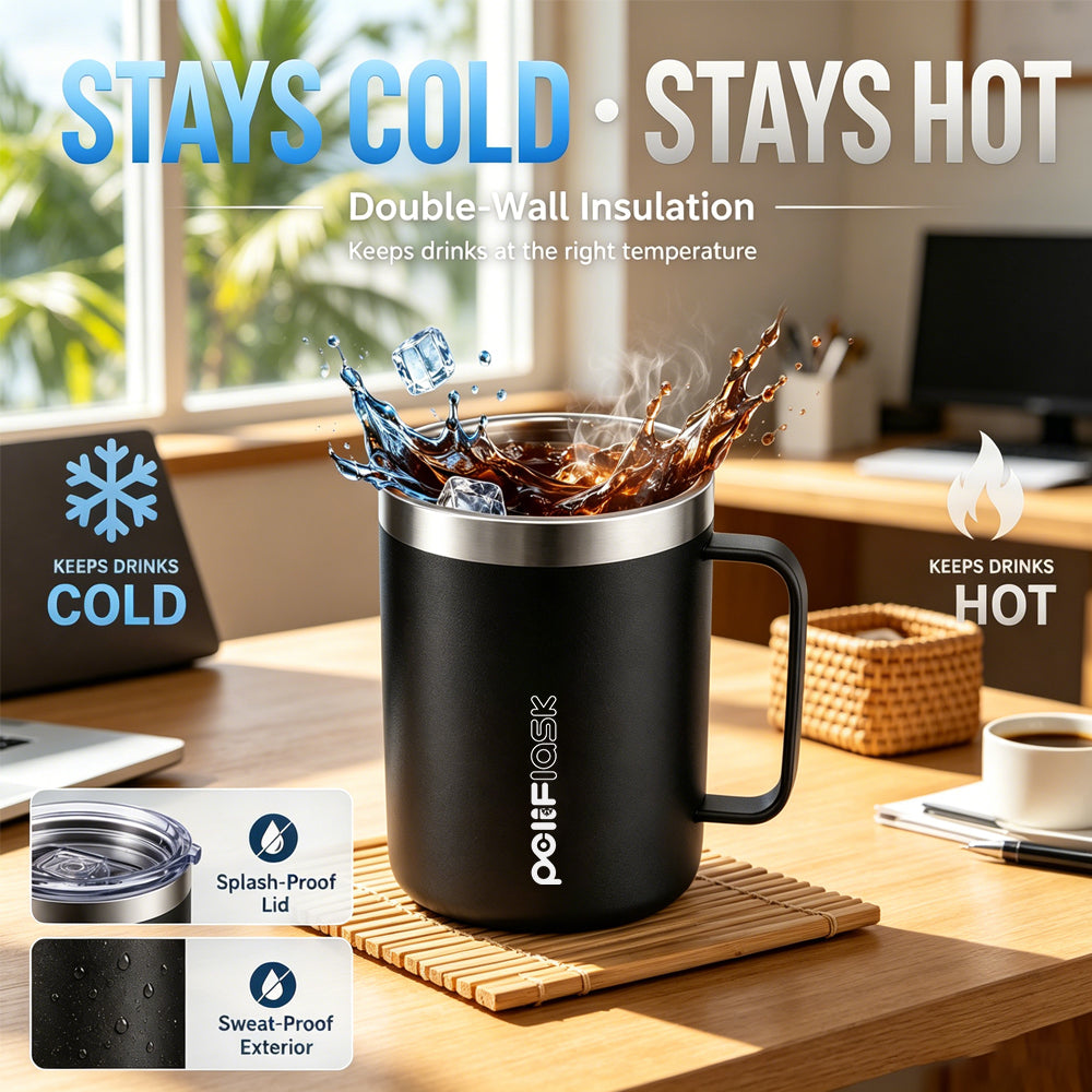 Peliflask 12oz Insulated Coffee Mug with Handle & Splash-Proof Lid – 304 Stainless Steel Thermal Cup for Home, Office & Daily Use