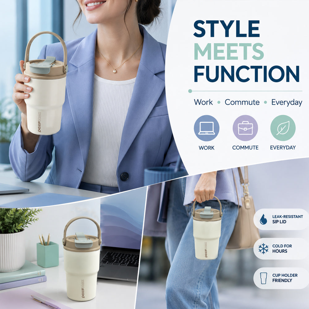Peliflask 12oz Ceramic Coffee Mug with Soft Handle & Sip/Straw Lid – Portable Cup for Office & Home