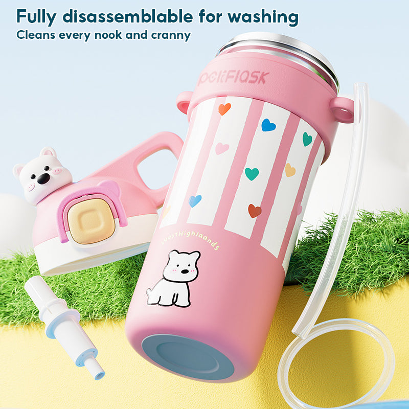 Peliflask 600ml Cute Insulated Straw Cup – Pop-Up Lid Leakproof Tumbler with Strap (Hot & Cold)