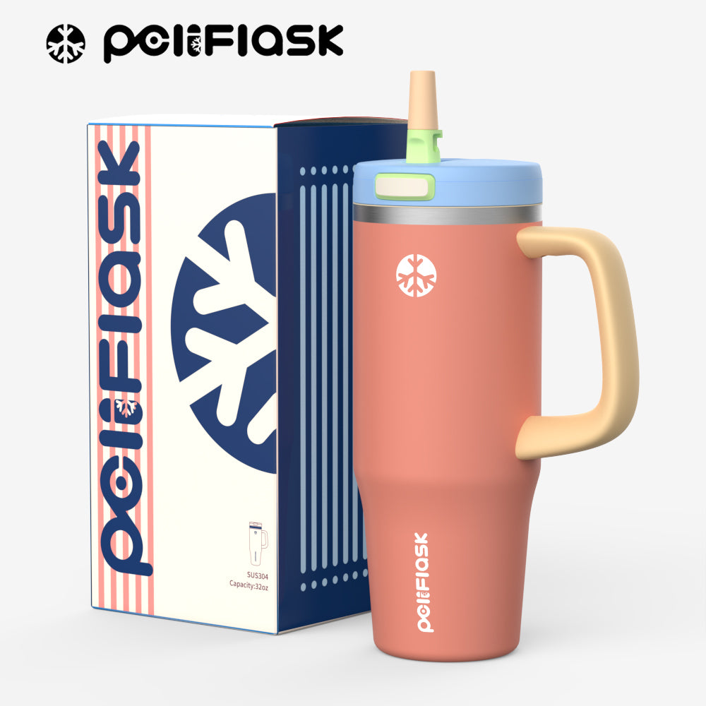 Peliflask 32oz Stainless Steel Insulated Tumbler with Foldable Straw & Handle – Leakproof Travel Cup