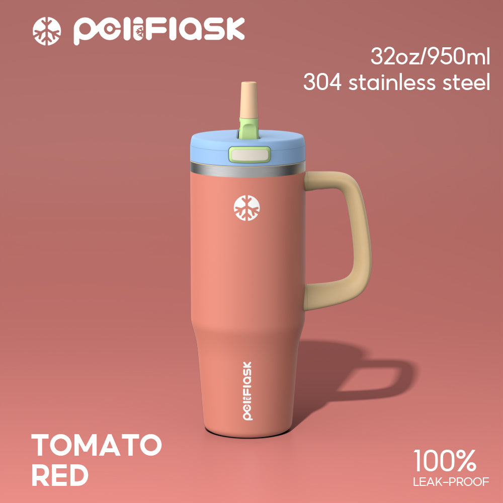 Peliflask 32oz Stainless Steel Insulated Tumbler with Foldable Straw & Handle – Leakproof Travel Cup