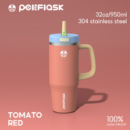 Peliflask 32oz Stainless Steel Insulated Tumbler with Foldable Straw & Handle – Leakproof Travel Cup