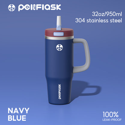 Peliflask 32oz Stainless Steel Insulated Tumbler with Foldable Straw & Handle – Leakproof Travel Cup