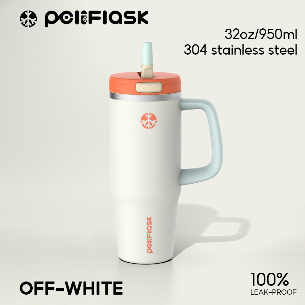 Peliflask 32oz Stainless Steel Insulated Tumbler with Foldable Straw & Handle – Leakproof Travel Cup