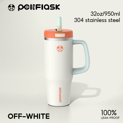 Peliflask 32oz Stainless Steel Insulated Tumbler with Foldable Straw & Handle – Leakproof Travel Cup
