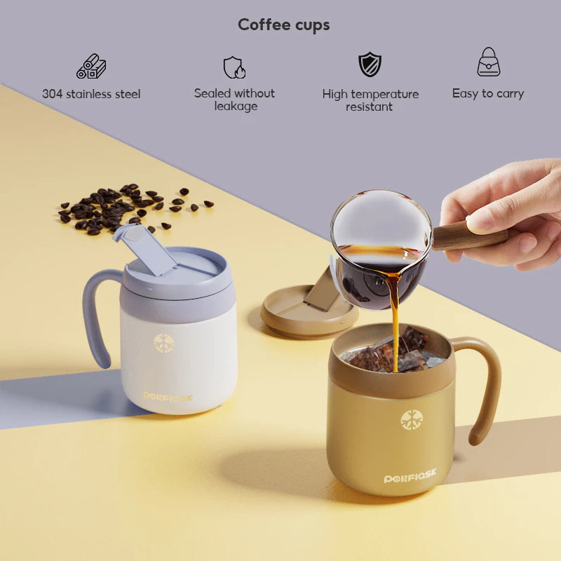 Peliflask Insulated Office Coffee Mug 13oz /17oz, 304 Stainless Steel Desk Cup with Handle, Premium Paint Finish, Two‑Way Drinking Leak‑Proof Lid for Hot Cold Drinks