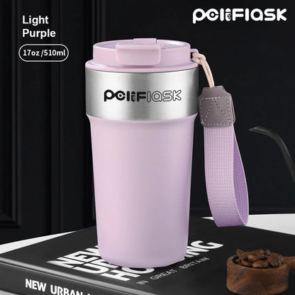 Peliflask 17oz/510ml Premium 304 Stainless Steel Coffee Tumbler with Dual Sip & Straw Lid – Insulated Travel Mug with Carry Strap for Office, Car & Daily Commute