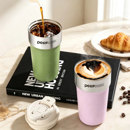 Peliflask 17oz/510ml Premium 304 Stainless Steel Coffee Tumbler with Dual Sip & Straw Lid – Insulated Travel Mug with Carry Strap for Office, Car & Daily Commute
