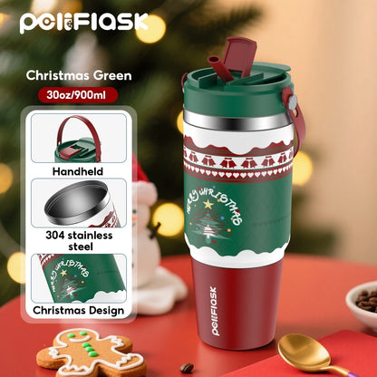 Christmas 304 Stainless Steel Vacuum Insulated Tumbler 35oz/30oz Large Capacity Travel Coffee Cup with Straw Lid, Leakproof Reusable Hot & Cold Water Bottle with Handle