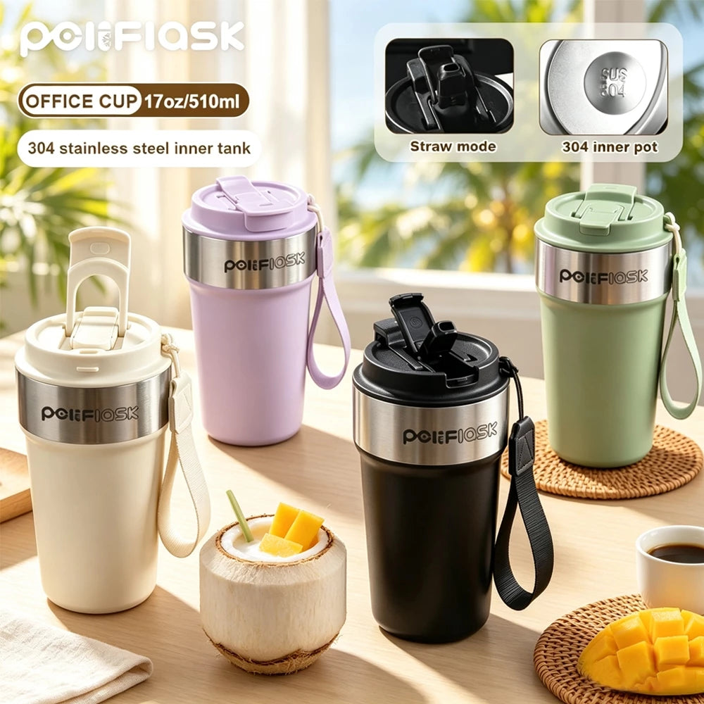 Peliflask 17oz/510ml Premium 304 Stainless Steel Coffee Tumbler with Dual Sip & Straw Lid – Insulated Travel Mug with Carry Strap for Office, Car & Daily Commute