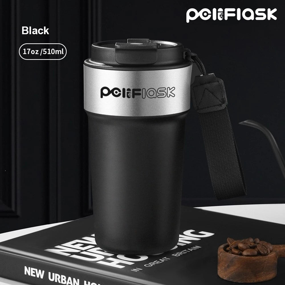 Peliflask 17oz/510ml Premium 304 Stainless Steel Coffee Tumbler with Dual Sip & Straw Lid – Insulated Travel Mug with Carry Strap for Office, Car & Daily Commute