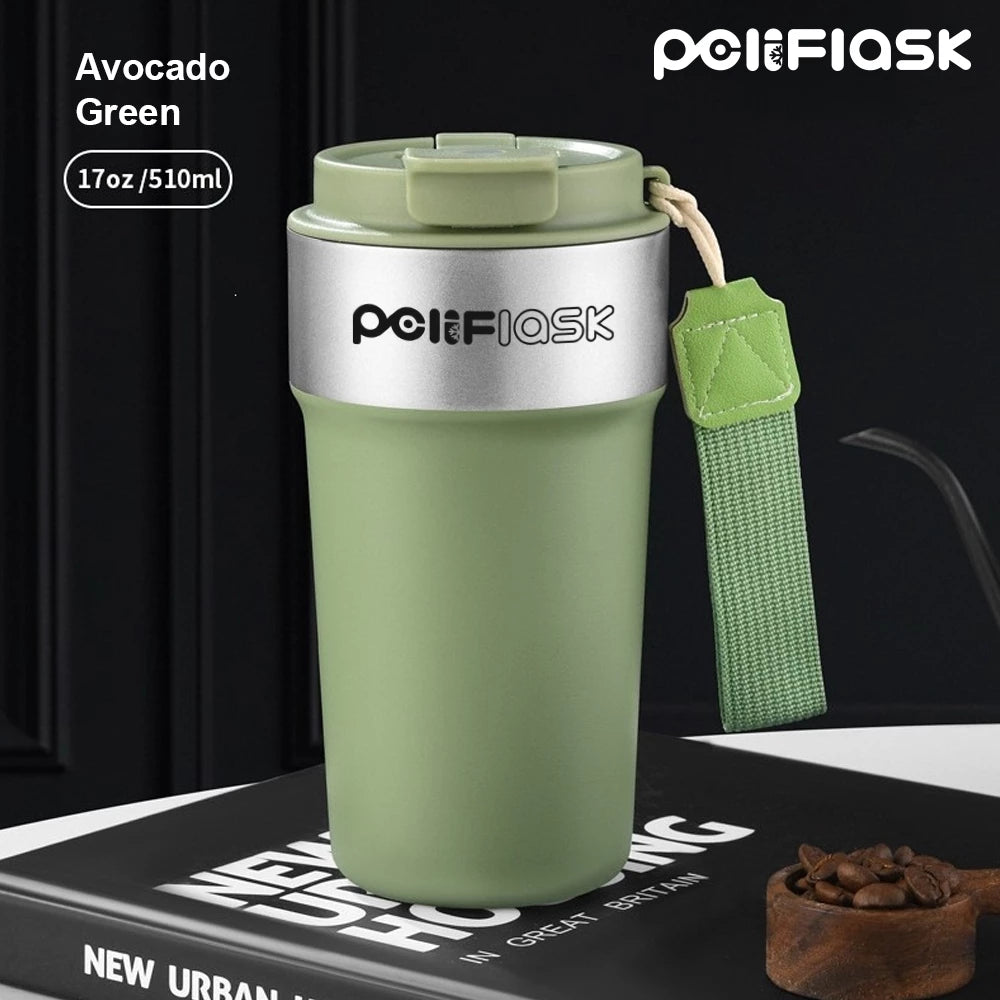 Peliflask 17oz/510ml Premium 304 Stainless Steel Coffee Tumbler with Dual Sip & Straw Lid – Insulated Travel Mug with Carry Strap for Office, Car & Daily Commute