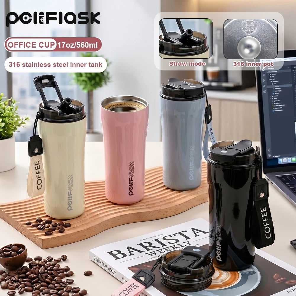 Peliflask 19oz/560ml Premium 316 Stainless Steel Coffee Tumbler with Dual Sip & Straw Lid – Insulated Travel Mug with Carry Strap for Office, Car & Daily Commute