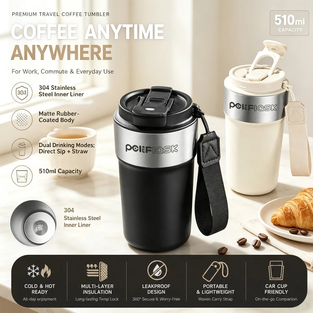 Peliflask 17oz/510ml Premium 304 Stainless Steel Coffee Tumbler with Dual Sip & Straw Lid – Insulated Travel Mug with Carry Strap for Office, Car & Daily Commute