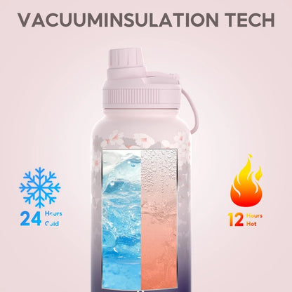 Peliflask Flower Insulated Water Bottle – 32oz (950ML), Double-Wall Vacuum Stainless Steel Bottle with Leakproof Closable Straw Lid, Portable Handle, Floral Design for Hot & Cold Drinks,