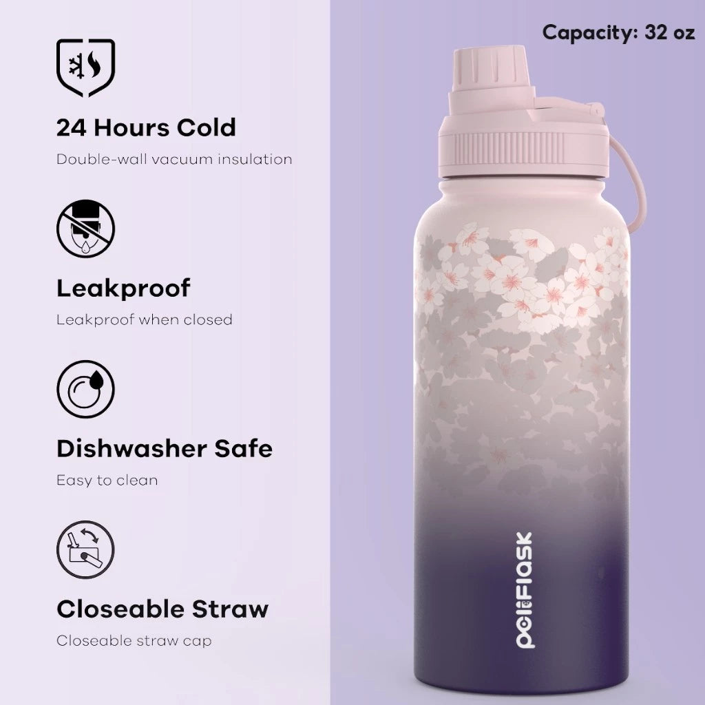 Peliflask Flower Insulated Water Bottle – 32oz (950ML), Double-Wall Vacuum Stainless Steel Bottle with Leakproof Closable Straw Lid, Portable Handle, Floral Design for Hot & Cold Drinks,